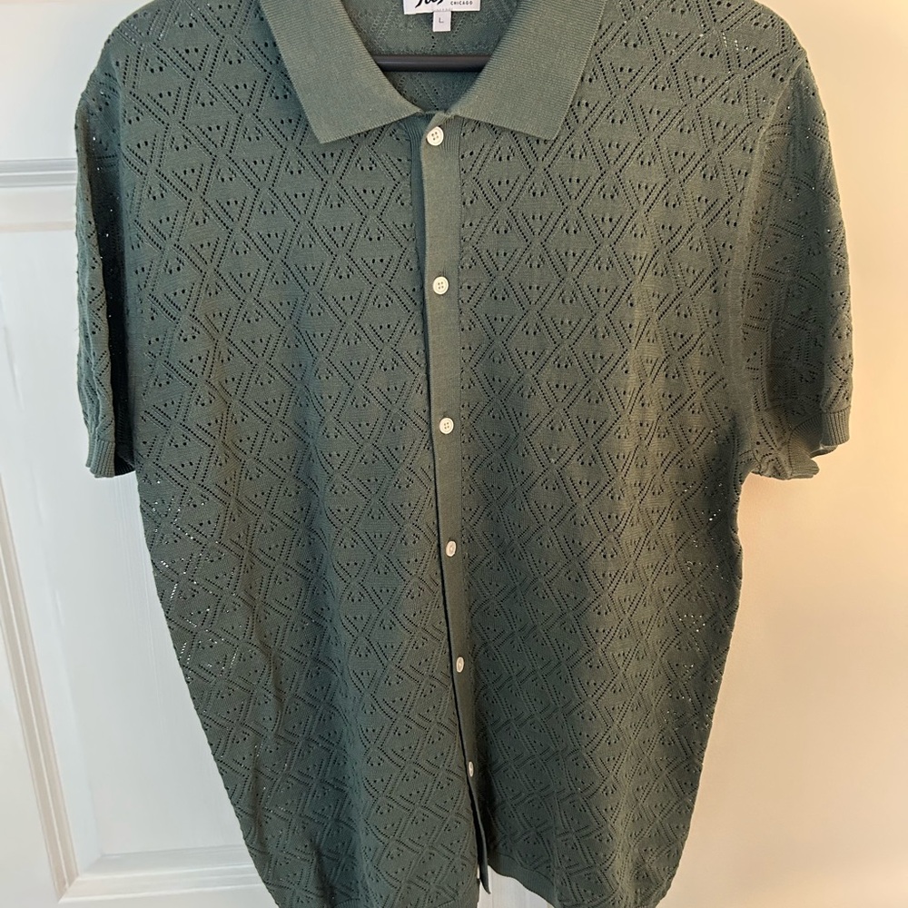 Tie Bar Men's Green Short Sleeve Full Placket Shirt. Large